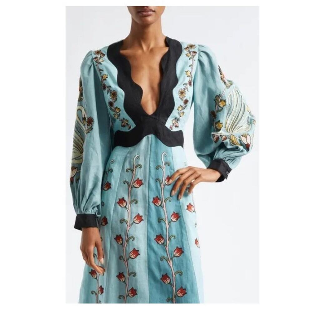 New! Farm Rio Flowing Beauty Blue Embroidered Long Sleeve  A-Linen Dress SzS - Picture 3 of 11